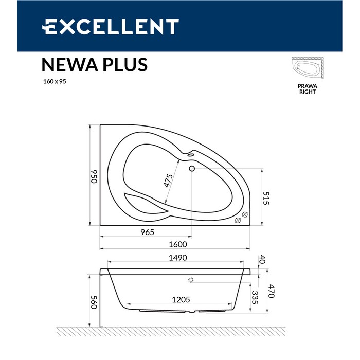 картинка Ванна EXCELLENT Newa 160x95 правая  SMART хром 