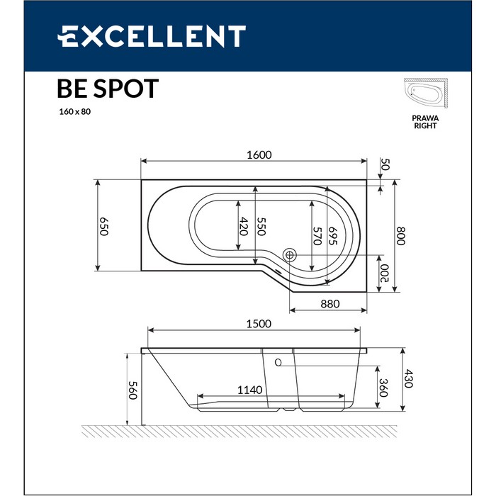 картинка Ванна EXCELLENT Be Spot 160x80 правая RELAX золото 