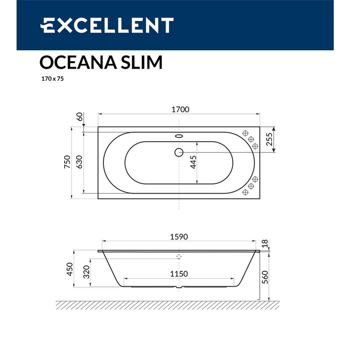 картинка Ванна EXCELLENT Oceana Slim 170x75 NANO хром 