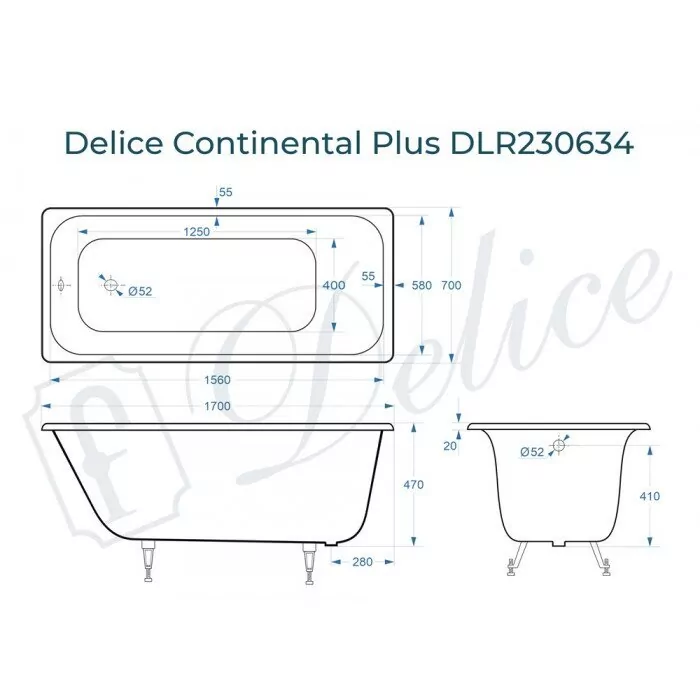 картинка Ванна чугунная Delice Continental PLUS 170х70 с ножками 