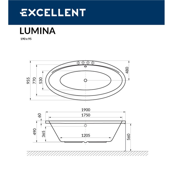 картинка Ванна EXCELLENT Lumina 190x95 LINE хром 