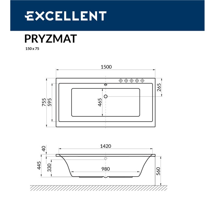 картинка Ванна EXCELLENT Pryzmat 150x75 SMART хром 