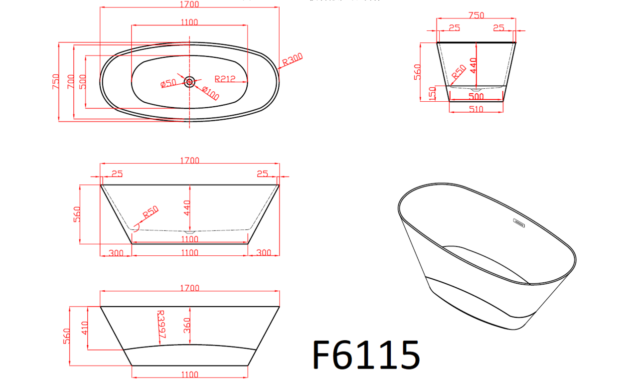 картинка Ванна Frank F6115 отдельностоящая 170х75х58 см 