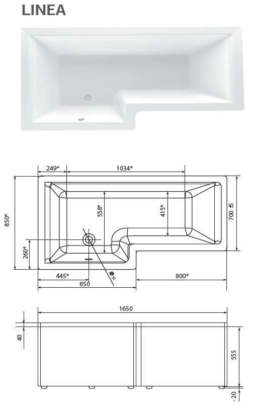 картинка Ванна Marka One LINEA 165x85 L с каркасом 