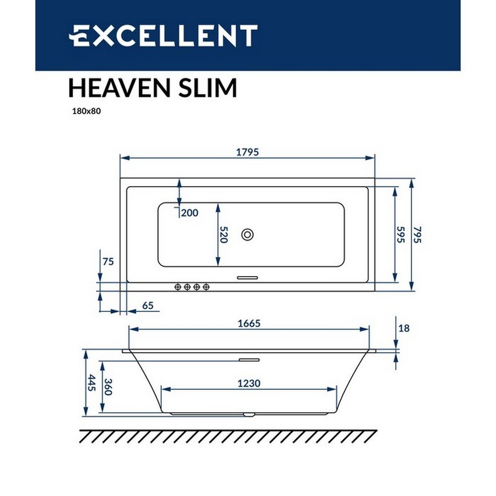 картинка Ванна EXCELLENT Heaven Slim 180x80 NANO хром 