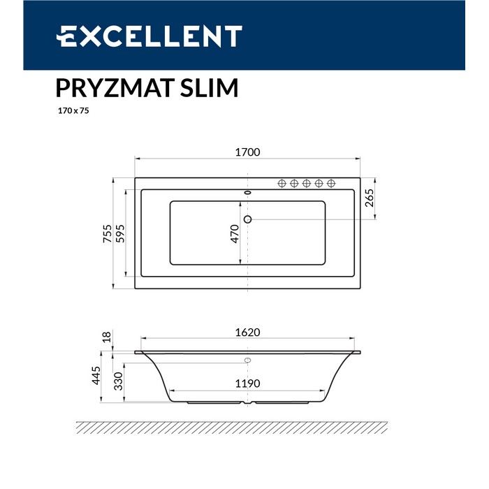 картинка Ванна EXCELLENT Pryzmat Slim 170x75 RELAX золото 