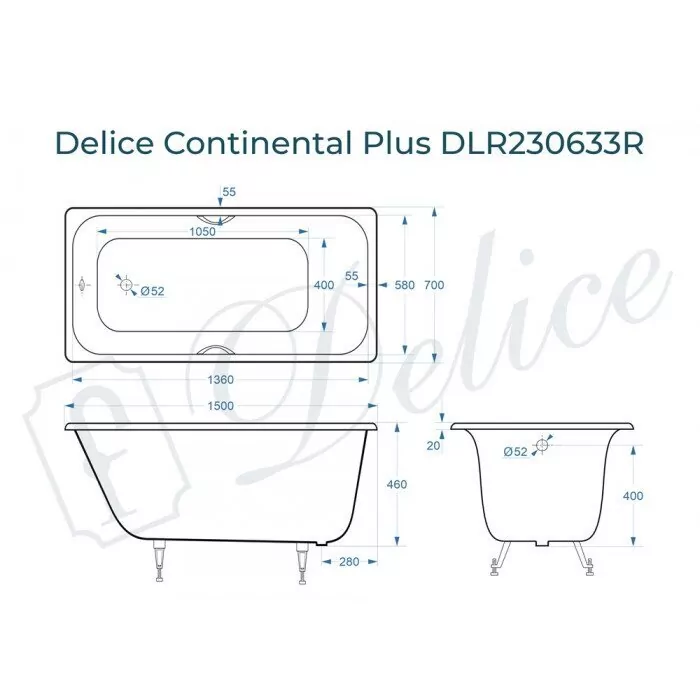 картинка Ванна чугунная Delice Continental PLUS 150х70 с отверстиями под ручки 