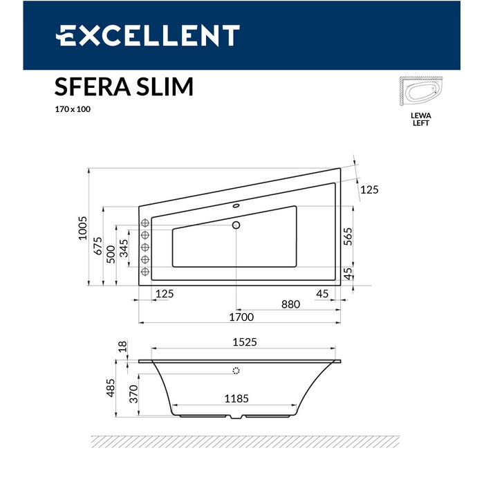 картинка Ванна EXCELLENT Sfera Slim 170x100 левая SMART золото 