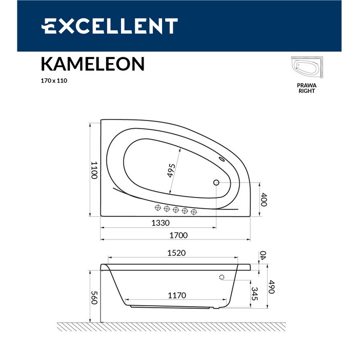 картинка Ванна EXCELLENT Kameleon 170x110 правая SOFT золото 