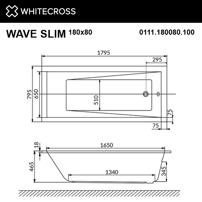 картинка Ванна WHITECROSS Wave Slim 180x80 RELAX хром 