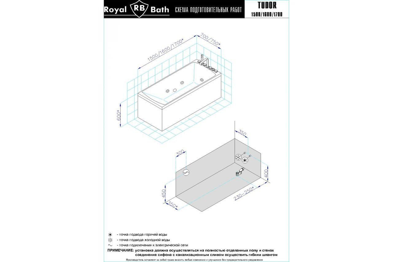 картинка Акриловая ванна Royal Bath Tudor Standart 170x75 с гидромассажем 