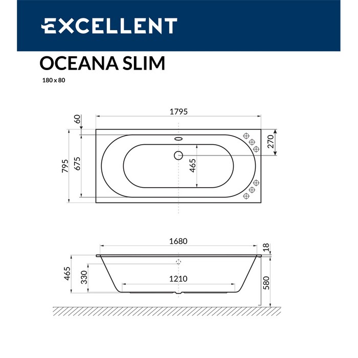 картинка Ванна EXCELLENT Oceana Slim 180x80 SOFT хром 