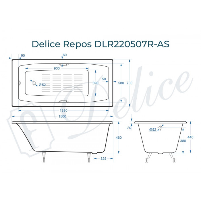 картинка Ванна чугунная Delice Repos 1500х700 с ручками и антискользящим покрытием 