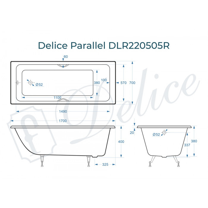 картинка Ванна чугунная Delice Parallel 1700х700 с ручками и ножками 