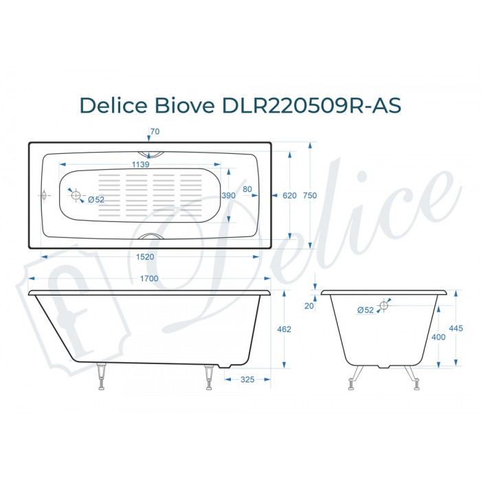 картинка Ванна чугунная Delice Biove 1700х750 с ручками и антискользящим покрытием 