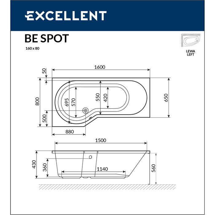 картинка Ванна EXCELLENT Be Spot 160x80 левая RELAX бронза 