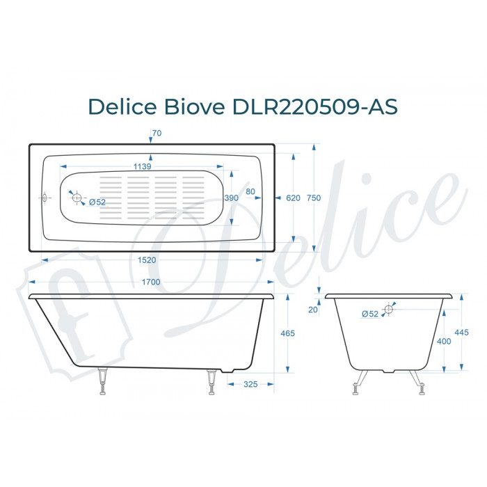 картинка Ванна чугунная Delice Biove 1700х750 без ручек с антискользящим покрытием 