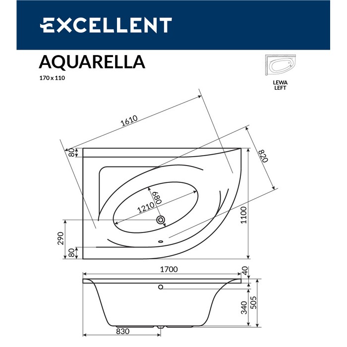 картинка Ванна EXCELLENT Aquarella 170x110 левая SOFT хром 