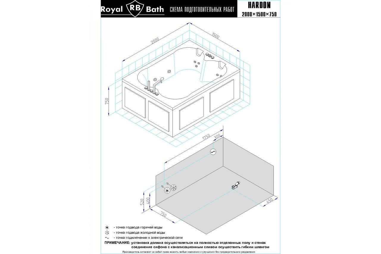 картинка Акриловая ванна Royal Bath Hardon De Luxe 200x150 с гидромассажем 