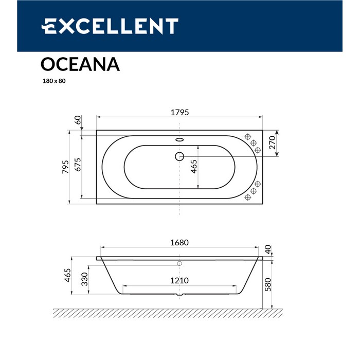 картинка Ванна EXCELLENT Oceana 180x80 RELAX хром 