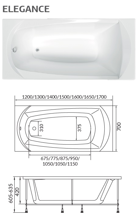 картинка Ванна 1Marka ELEGANCE 160x70 с ножками 