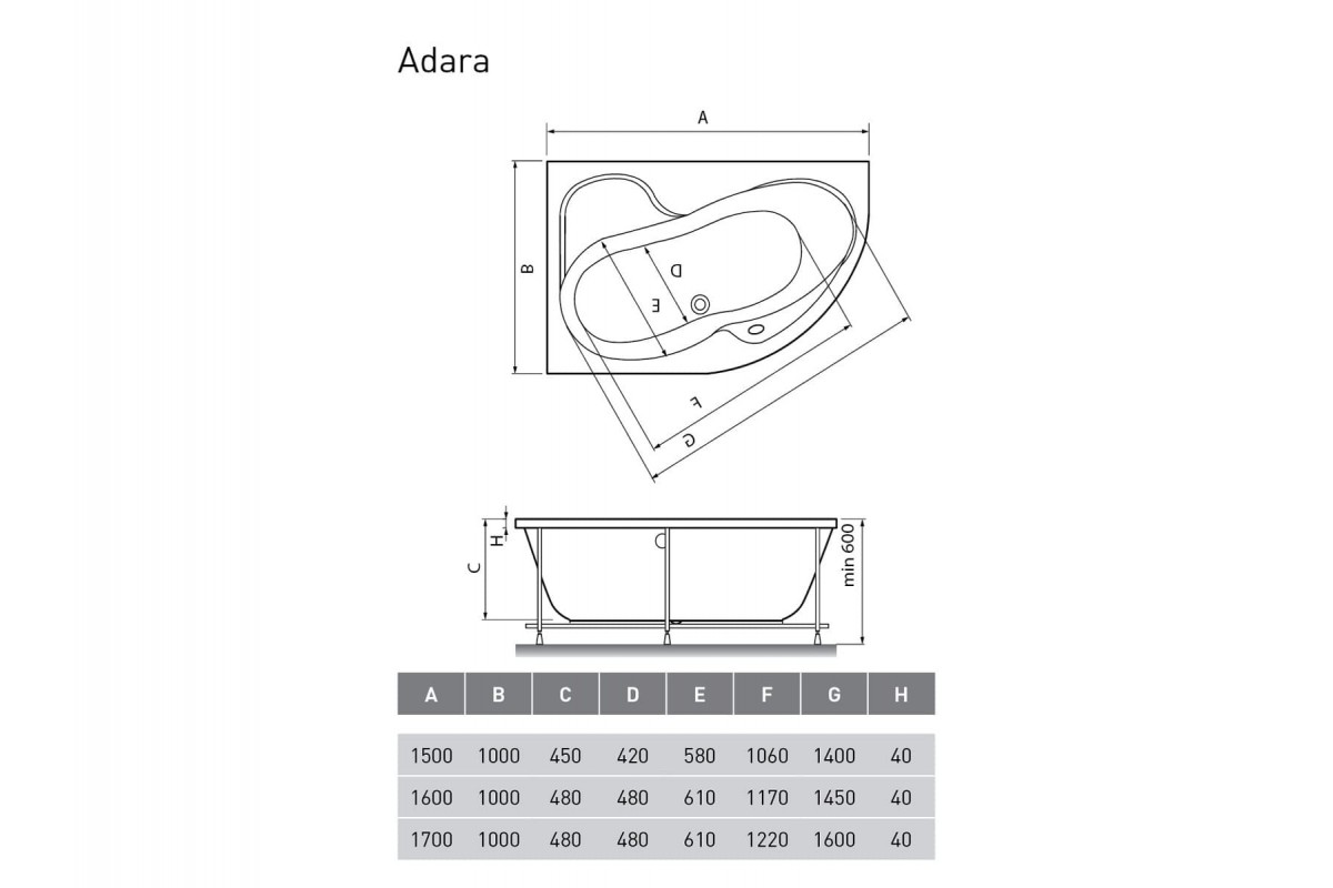 картинка Акриловая ванна Relisan Adara L 170х100 с каркасом 