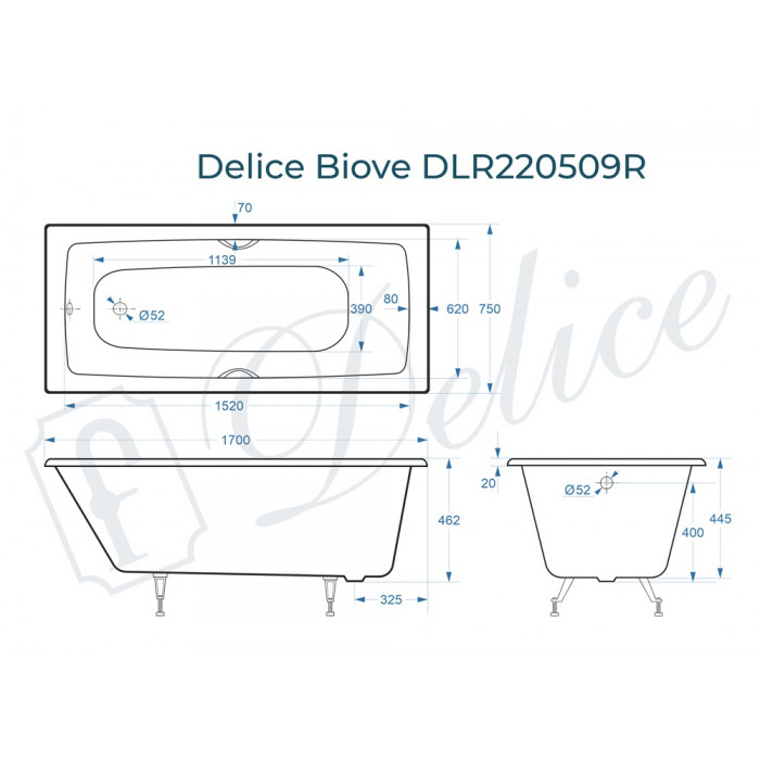 картинка Ванна чугунная Delice Biove 1700х750 с ручками и ножками 