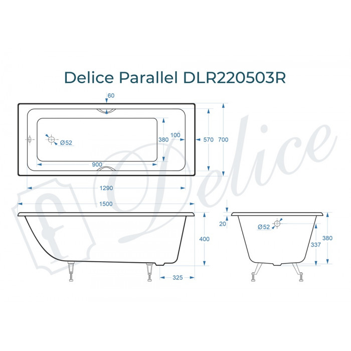 картинка Ванна чугунная Delice Parallel 1500х700 с ручками и ножками 