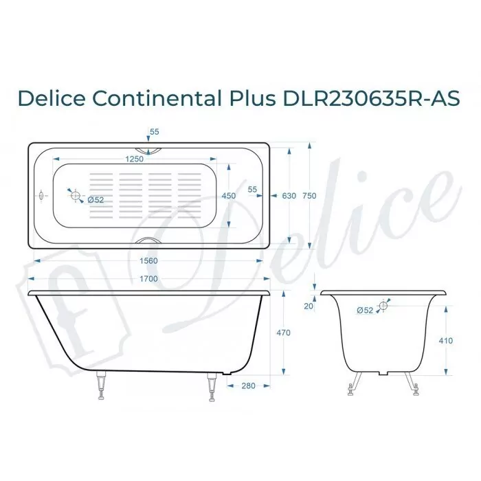 картинка Ванна чугунная Delice Continental PLUS 170х75 с отверстиями под ручки и антискользящим покрытием 