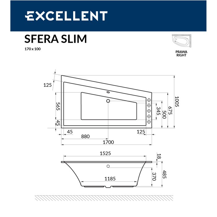 картинка Ванна EXCELLENT Sfera Slim 170x100 правая SOFT хром 