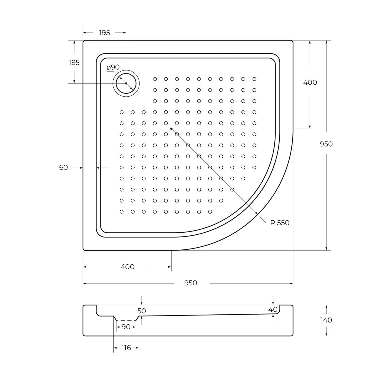 фото Акриловый поддон Cezares TRAY-A-R-95-550-15-W 