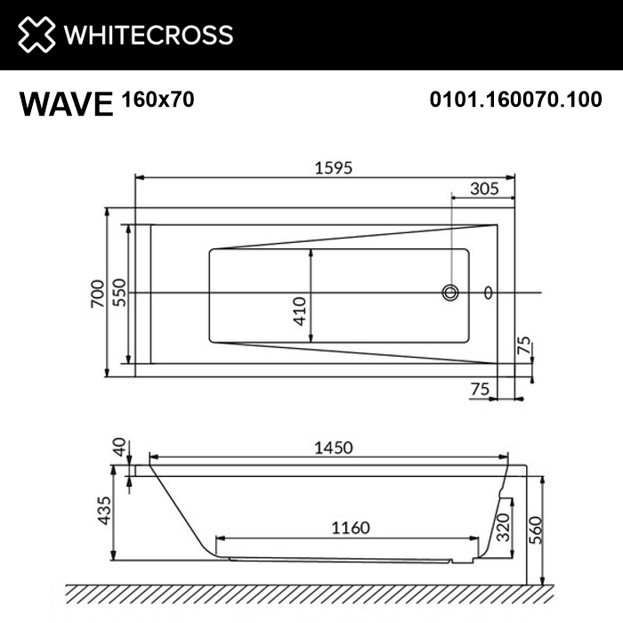 картинка Ванна WHITECROSS Wave 160x70 акрил с каркасом MR-02 