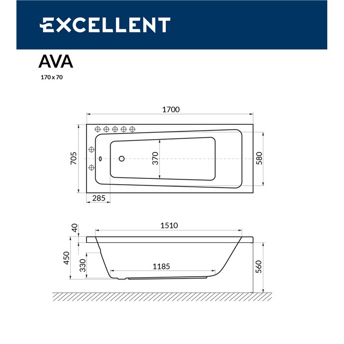 картинка Ванна EXCELLENT Ava 170x70 RELAX хром 