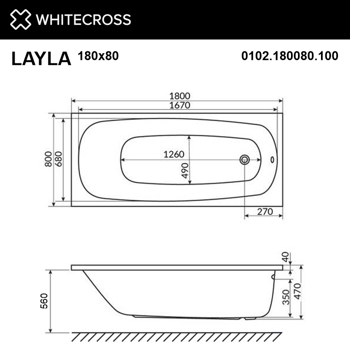 картинка Ванна WHITECROSS Layla 180x80 акрил 