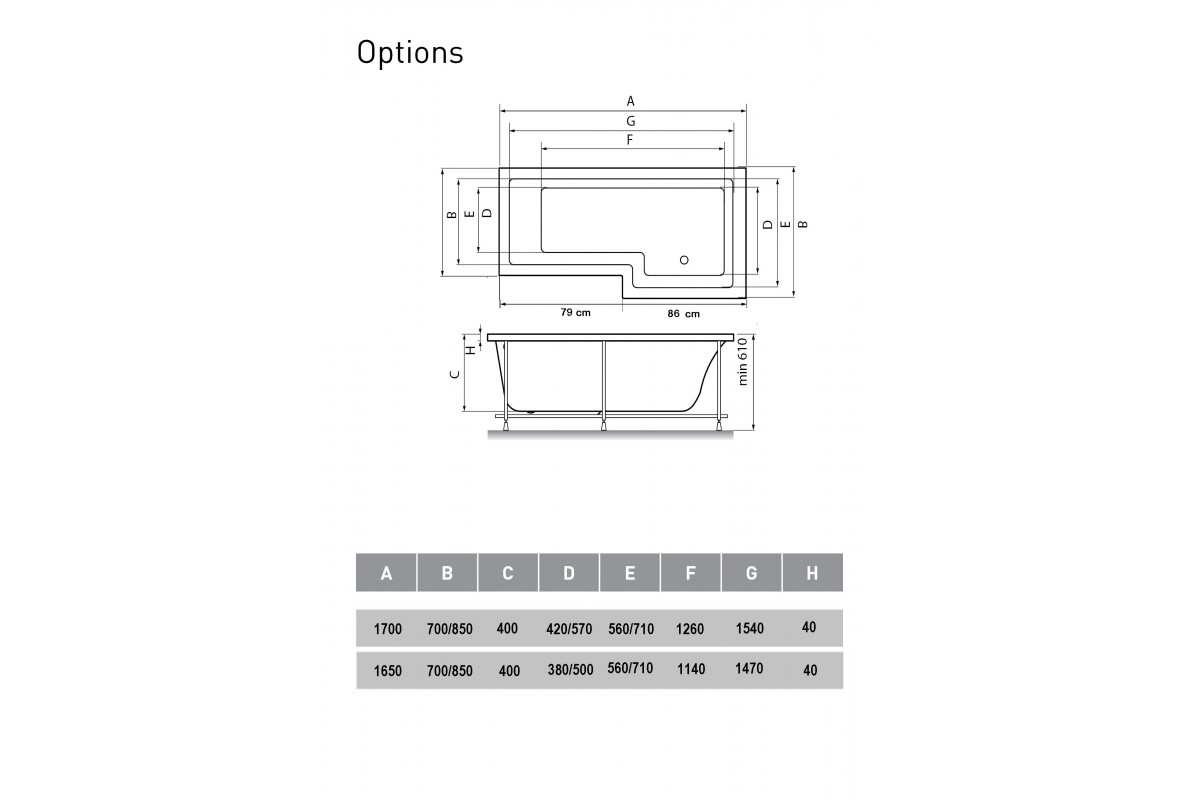 картинка Акриловая ванна Vayer Options 165х85/70 L с каркасом 