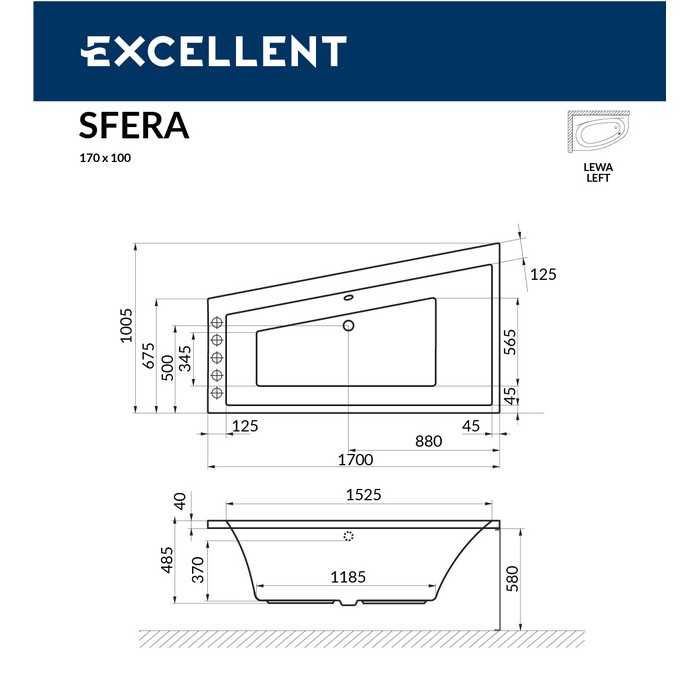 картинка Ванна EXCELLENT Sfera 170x100 левая RELAX хром 