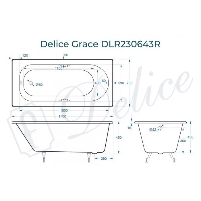 картинка Ванна чугунная Delice Grace 170х70 с отверстиями под ручки DLR230643R с ножками и переливом DLR000017 