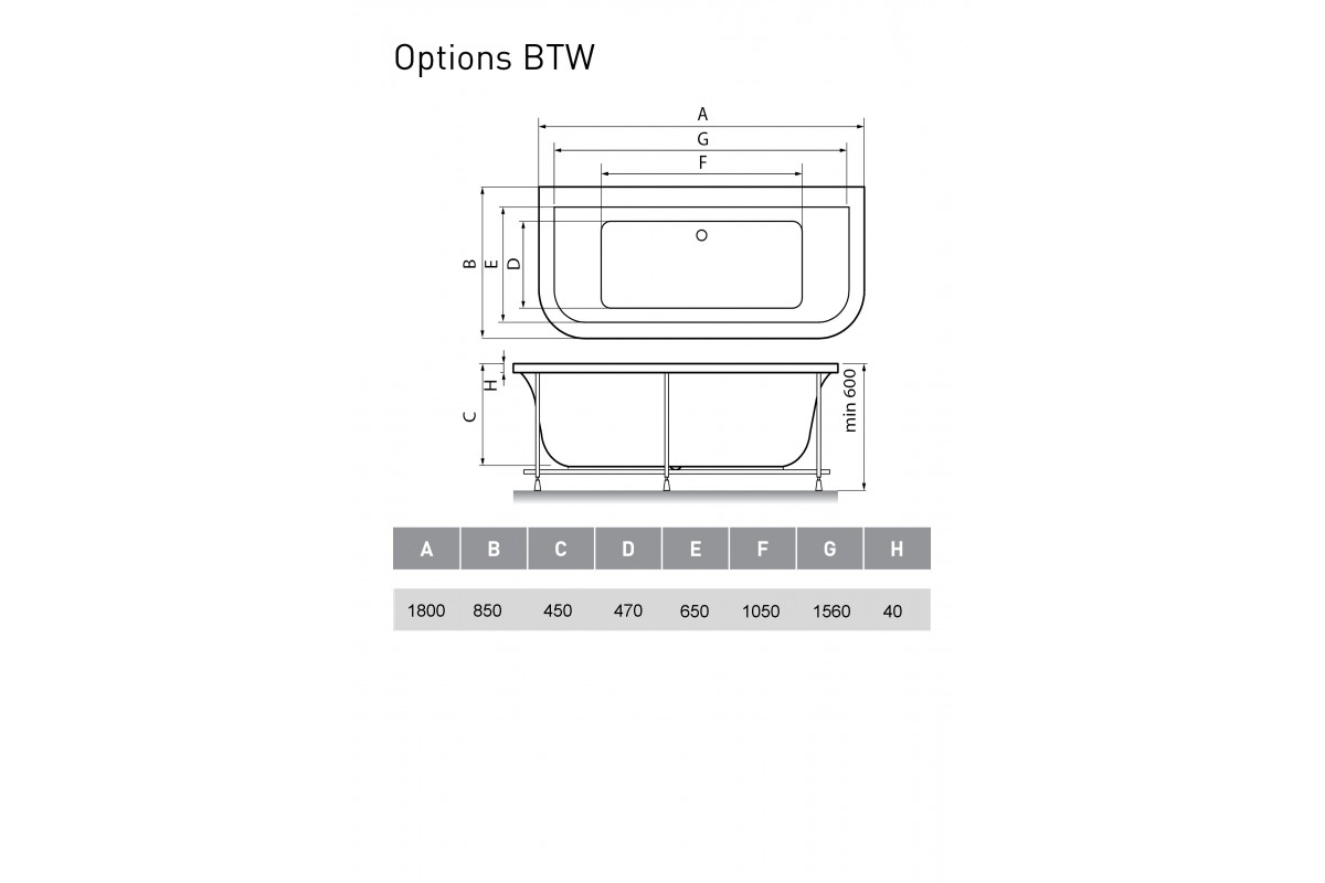 картинка Акриловая ванна Vayer Options BTW 180x85 с каркасом 