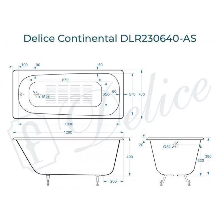 картинка Ванна чугунная Delice Continental 120х70 с антискользящим покрытием DLR230640-AS 