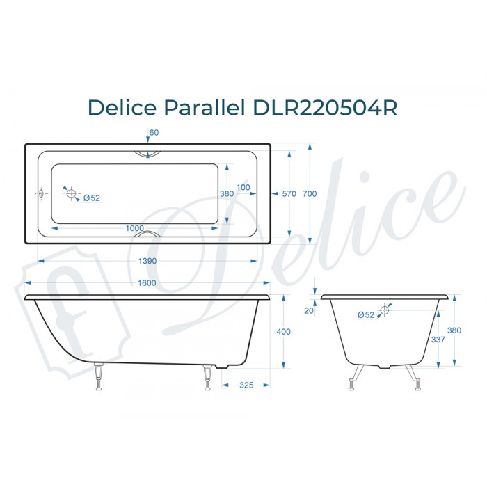 картинка Ванна чугунная Delice Parallel 1600х700 с ручками 