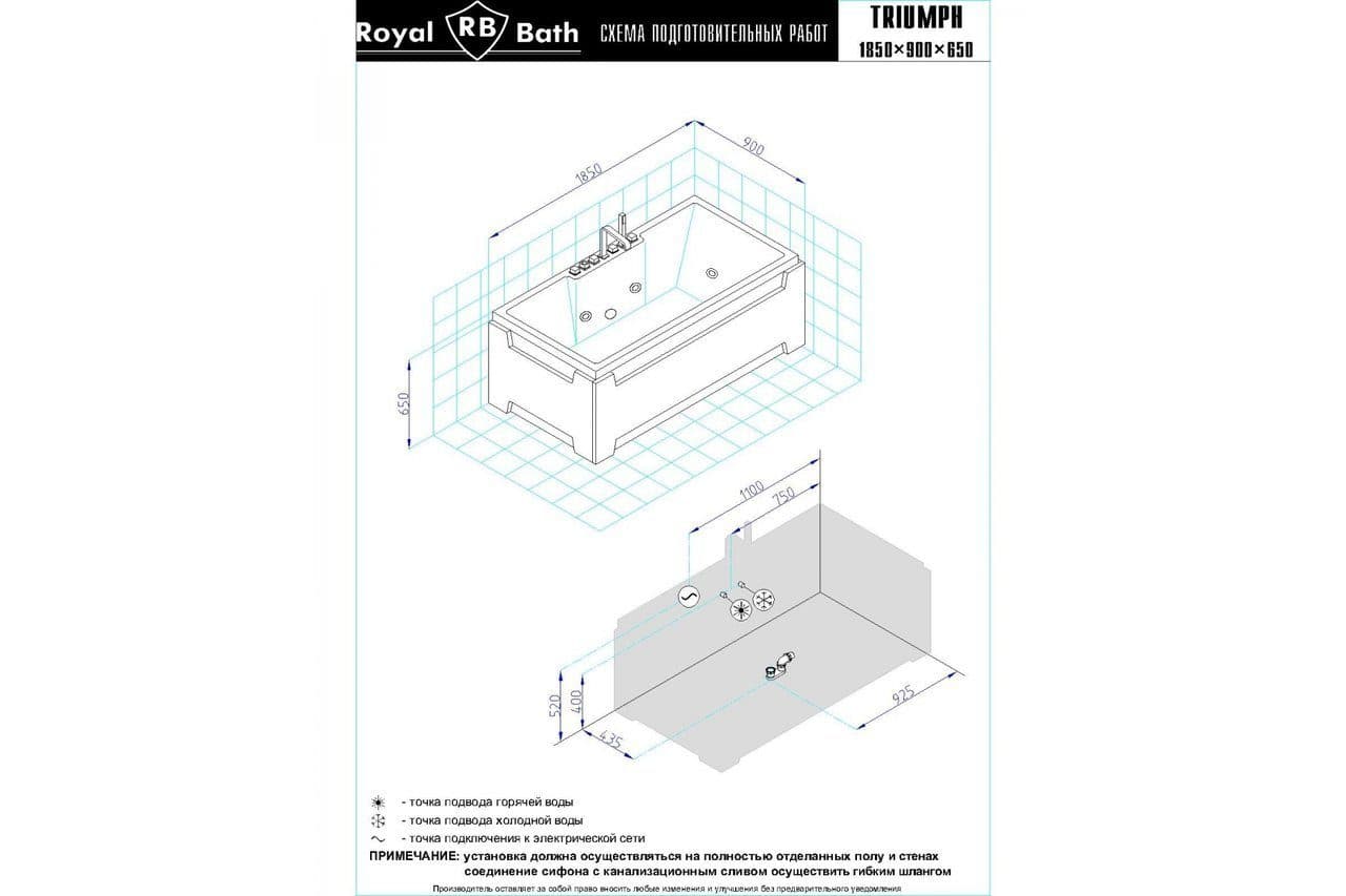 картинка Акриловая ванна Royal Bath Triumph De Luxe 185x87 с гидромассажем 