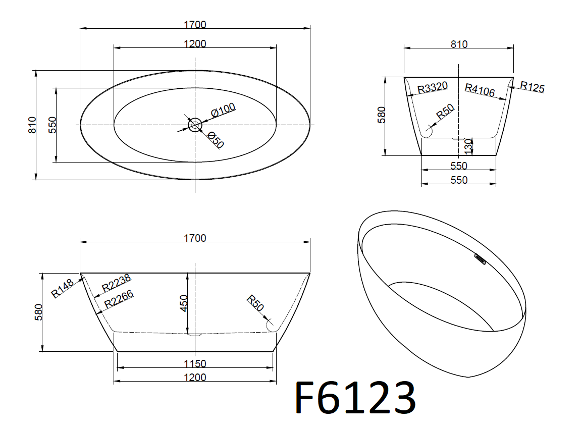 картинка Ванна Frank F6123 Black/Black отдельностоящая 170х81х60 см 