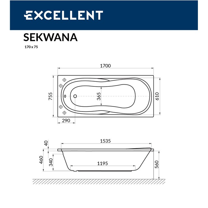 картинка Ванна EXCELLENT Sekwana 170x75 RELAX хром 