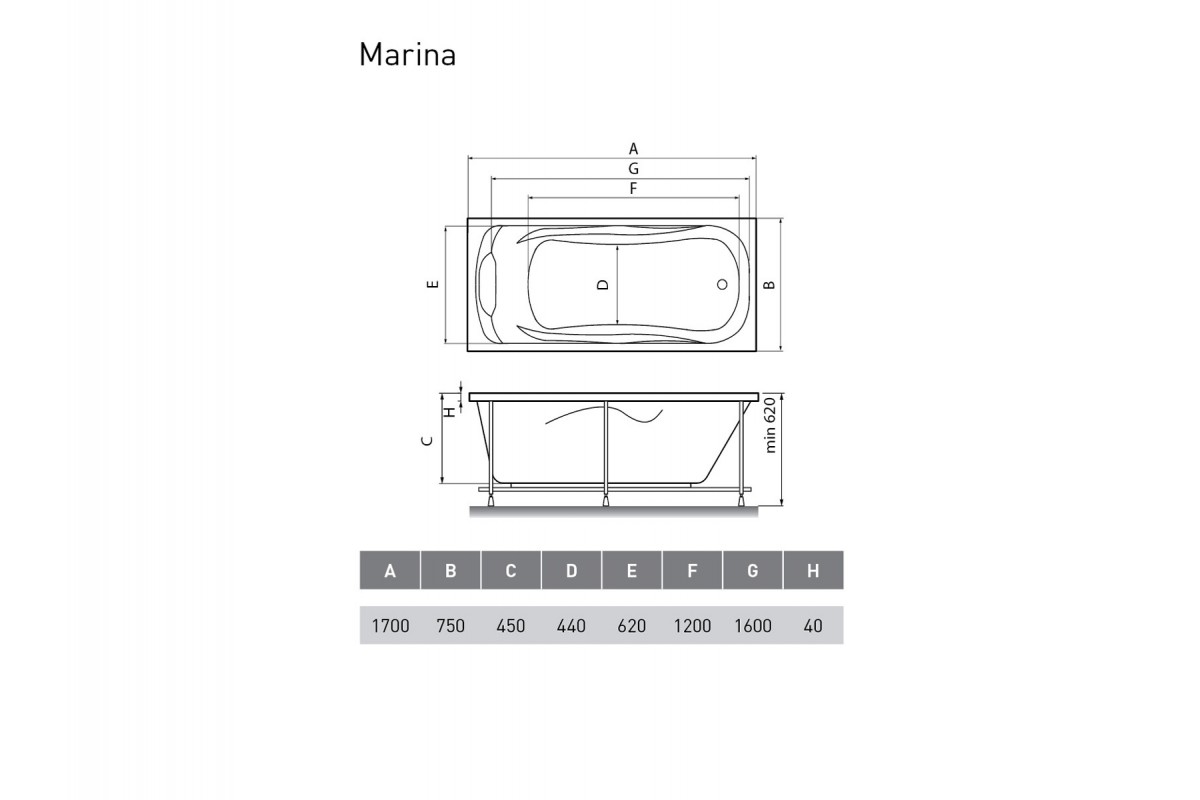 картинка Акриловая ванна Relisan Marina 170x75 с каркасом 