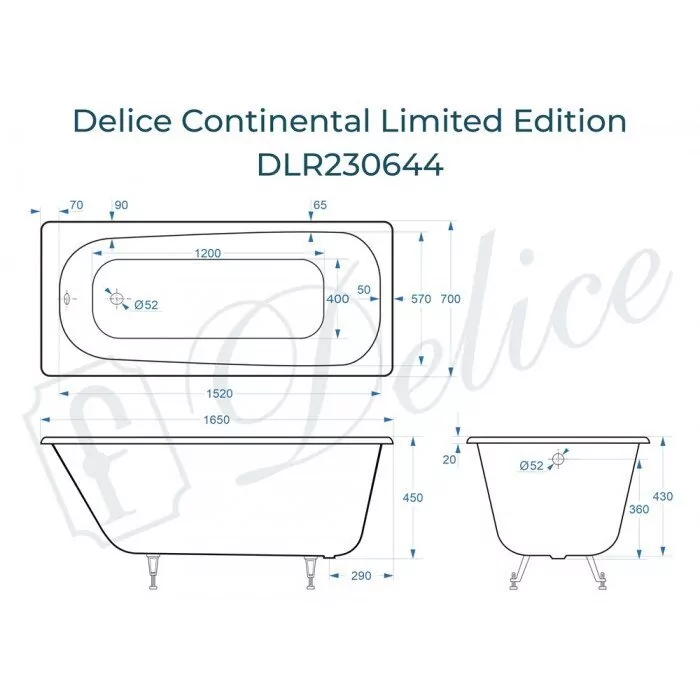 картинка Ванна чугунная Delice Continental Limited Edition 165х70 DLR230644 с ножками 