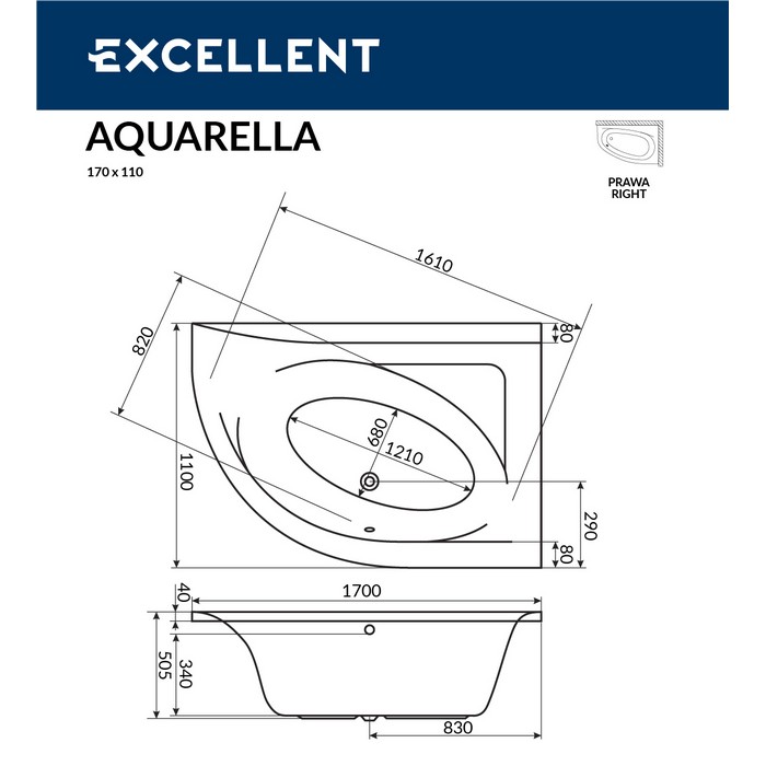 картинка Ванна EXCELLENT Aquarella 170x110 правая SOFT золото 