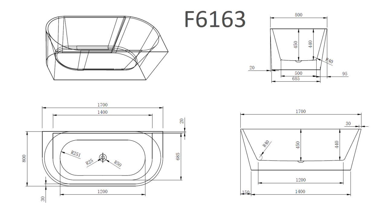 картинка Ванна Frank F6163 White/Black пристенная 170х80х58 см 