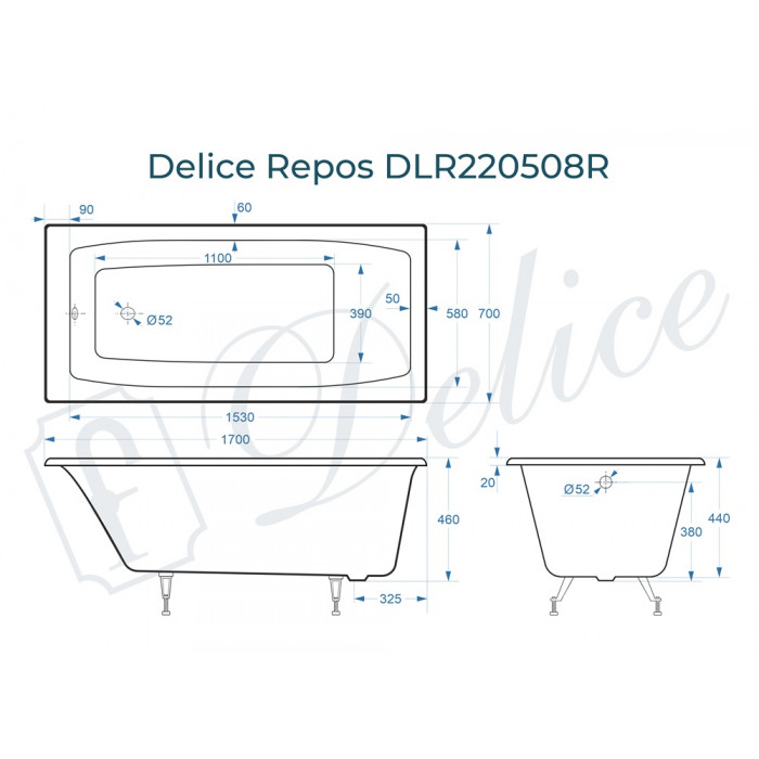 картинка Ванна чугунная Delice Repos 1700х700 без ручек с ножками 