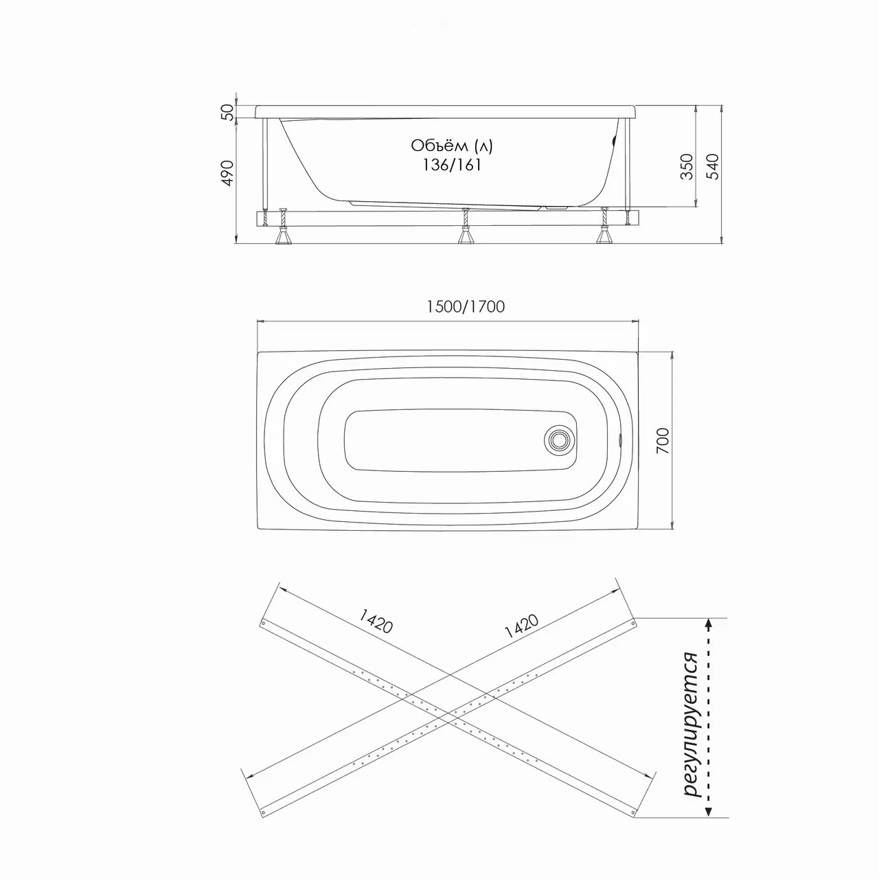 картинка Ванна акриловая Niagara Brava NG-B15070 150х70х35 см 