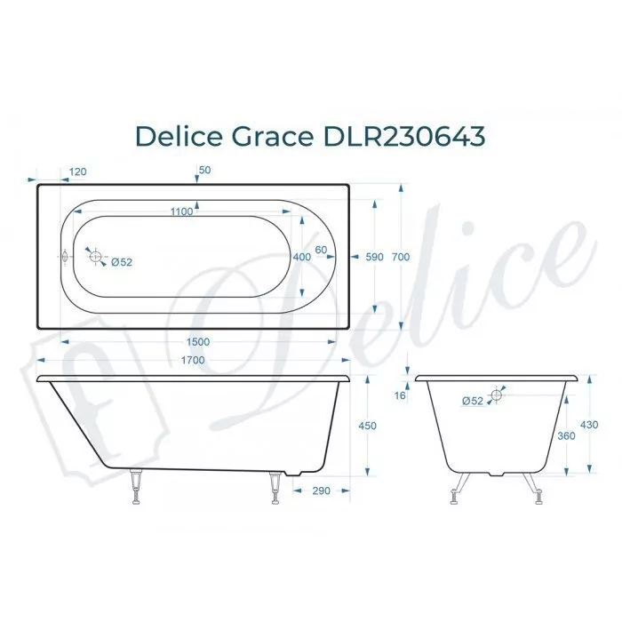 картинка Ванна чугунная Delice Grace 170х70 DLR230643 с ножками 